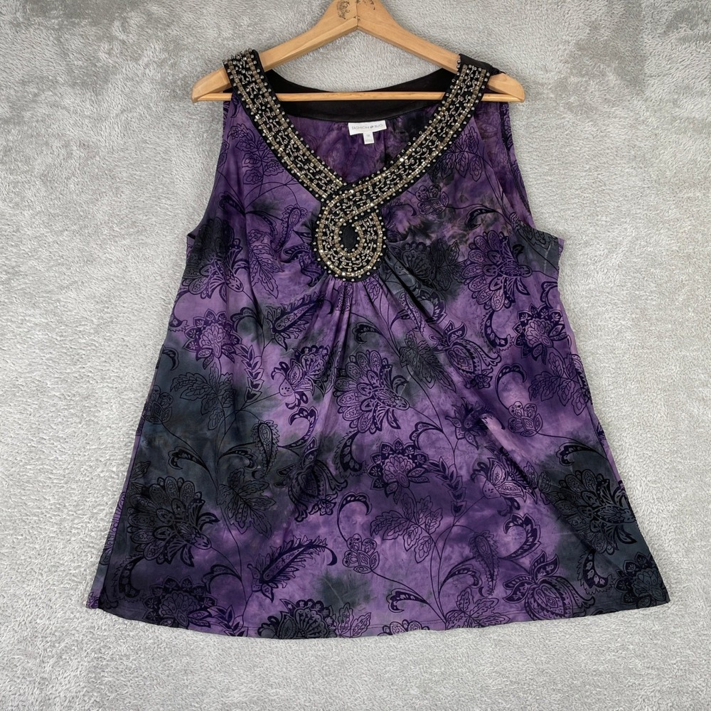 Fashion Bug Tank Top Womens 1X Purple Paisley Beaded Blouse Whimsigoth Y2K